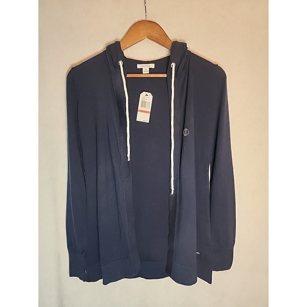 Nautica Women's Navy Blue Open Front, Hooded Cardigan Long Sleeve Size XS New